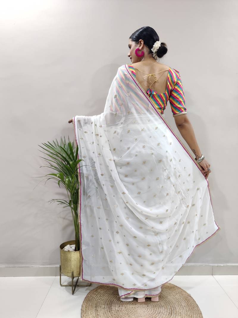 White Faux Georgette Embroidered Pre-Stitched Ready To Wear Saree