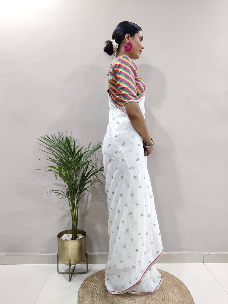 White Faux Georgette Embroidered Pre-Stitched Ready To Wear Saree
