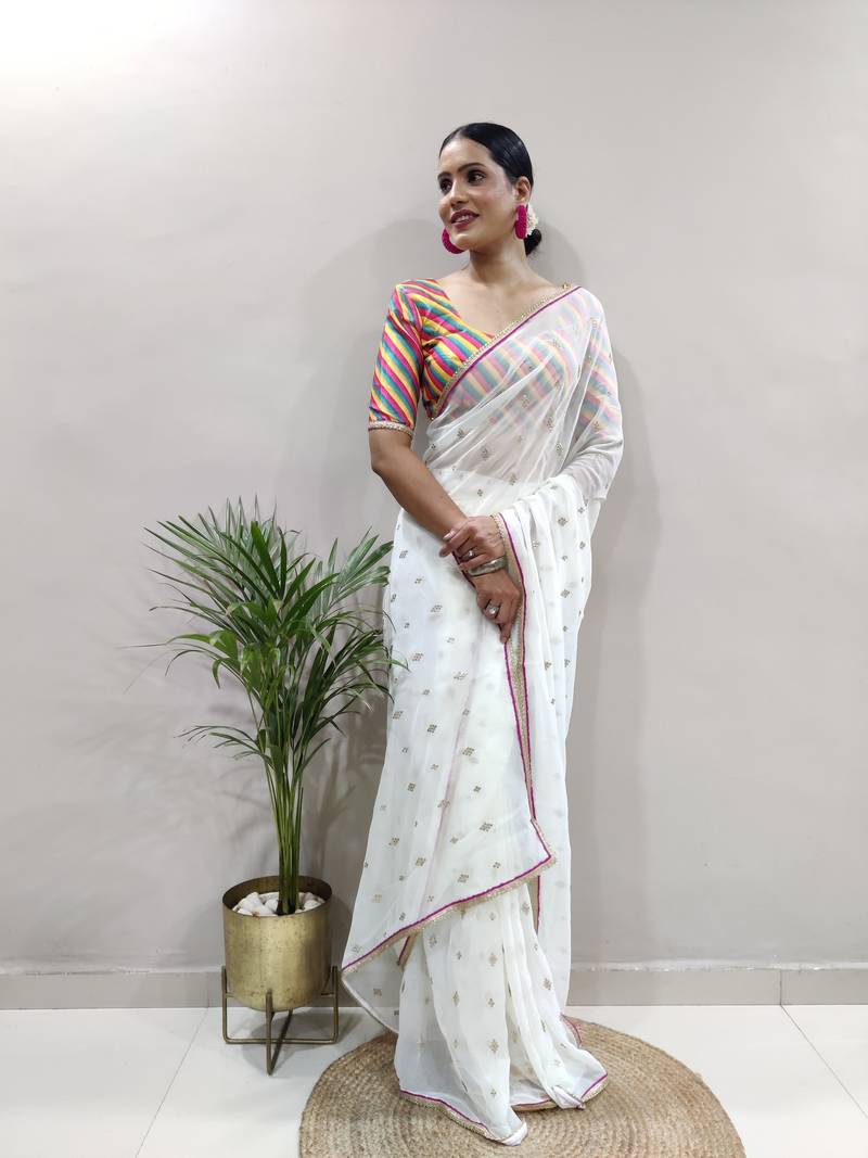White Faux Georgette Embroidered Pre-Stitched Ready To Wear Saree