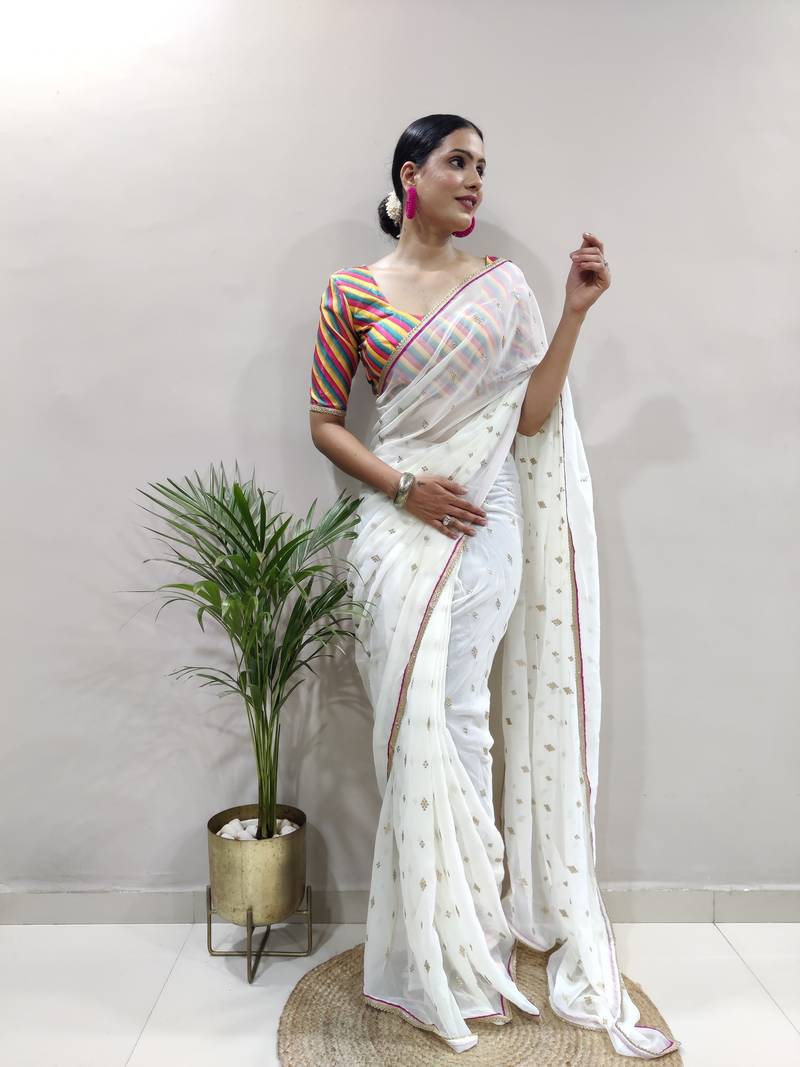 White Faux Georgette Embroidered Pre-Stitched Ready To Wear Saree