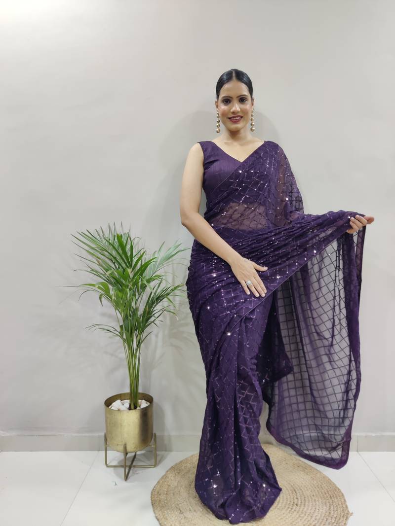 ready to wear purple faux georgette embroidered saree