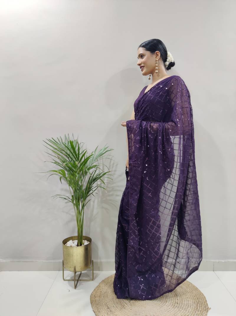 ready to wear purple faux georgette embroidered saree