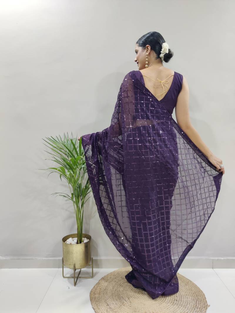 ready to wear purple faux georgette embroidered saree