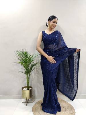 dark blue faux georgette embroidered pre stitched saree 1