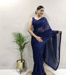 Dark Blue Faux Georgette Embroidered Pre Stitched Saree