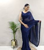 Dark Blue Faux Georgette Embroidered Pre Stitched Saree