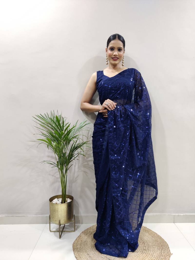 Dark Blue Faux Georgette Embroidered Pre Stitched Saree