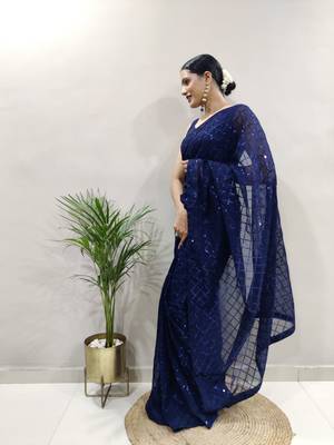 dark blue faux georgette embroidered pre stitched saree 3
