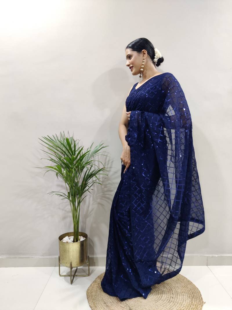 Dark Blue Faux Georgette Embroidered Pre Stitched Saree