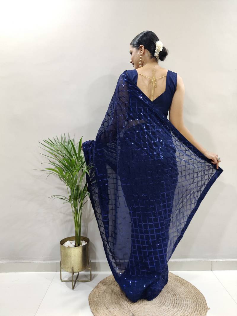 Dark Blue Faux Georgette Embroidered Pre Stitched Saree