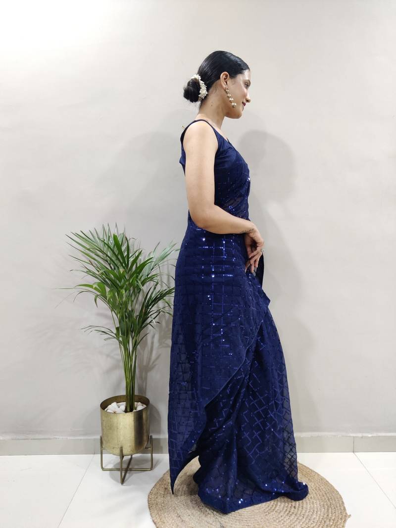 Dark Blue Faux Georgette Embroidered Pre Stitched Saree