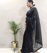 Black Faux Georgette Embroidered Pre Stitched Saree