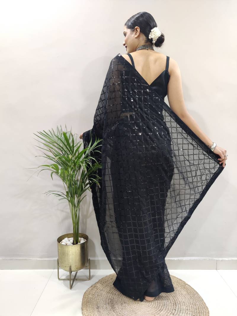 Black Faux Georgette Embroidered Pre Stitched Saree