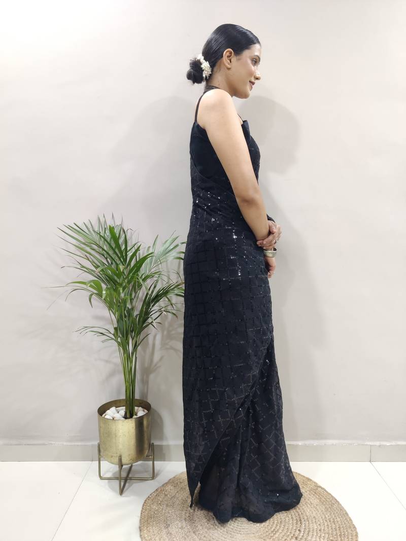 Black Faux Georgette Embroidered Pre Stitched Saree