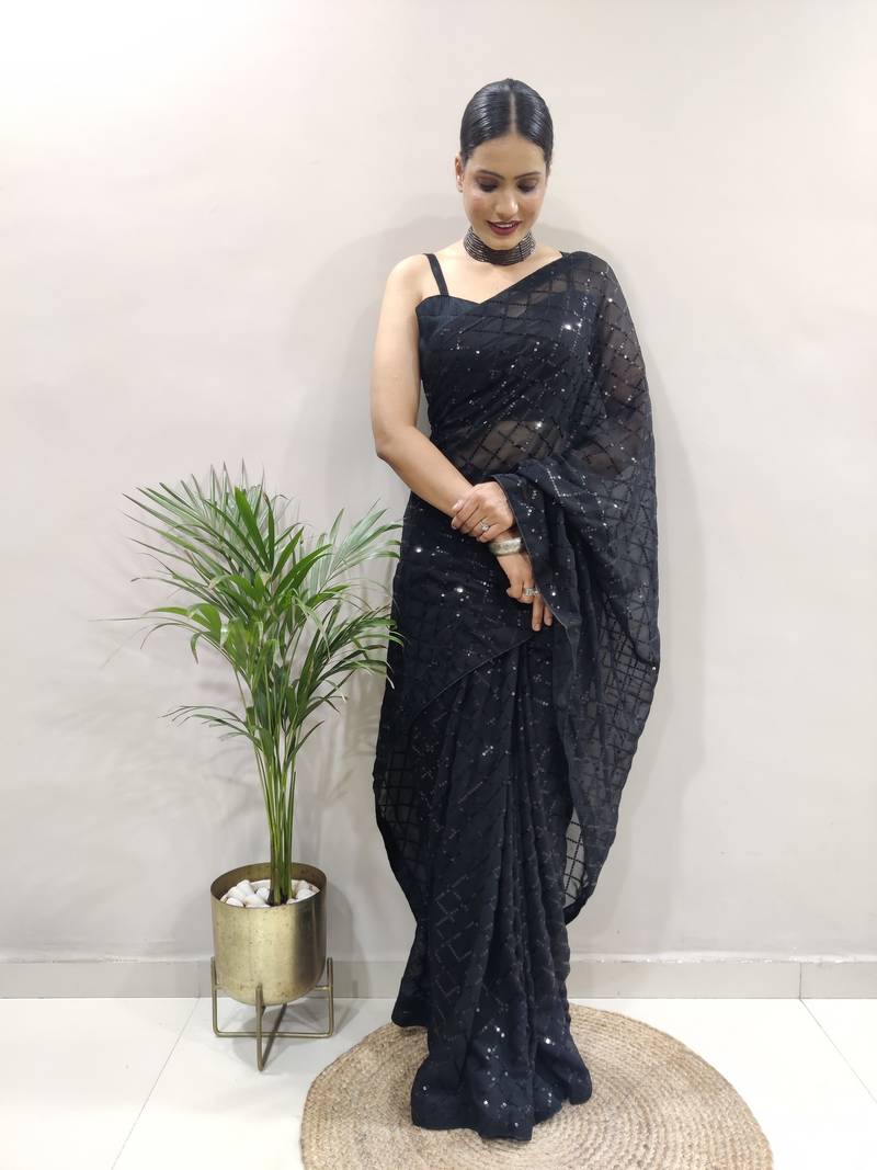 Black Faux Georgette Embroidered Pre Stitched Saree