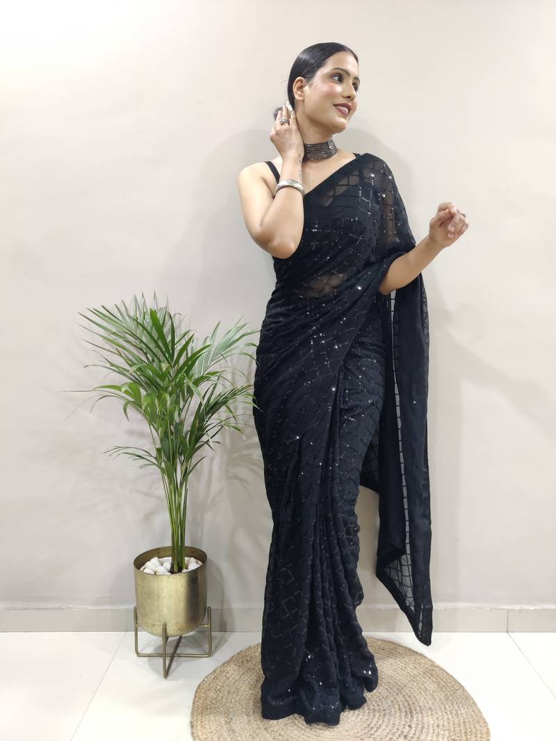Black Faux Georgette Embroidered Pre Stitched Saree