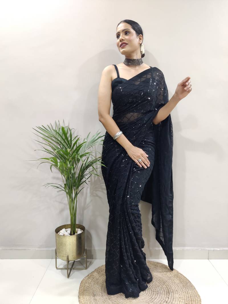 Black Faux Georgette Embroidered Pre Stitched Saree