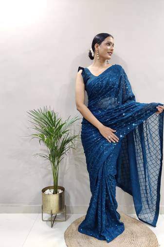Light Blue faux georgette embroidered pre stitched saree