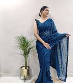ready to wear light blue faux georgette embroidered saree