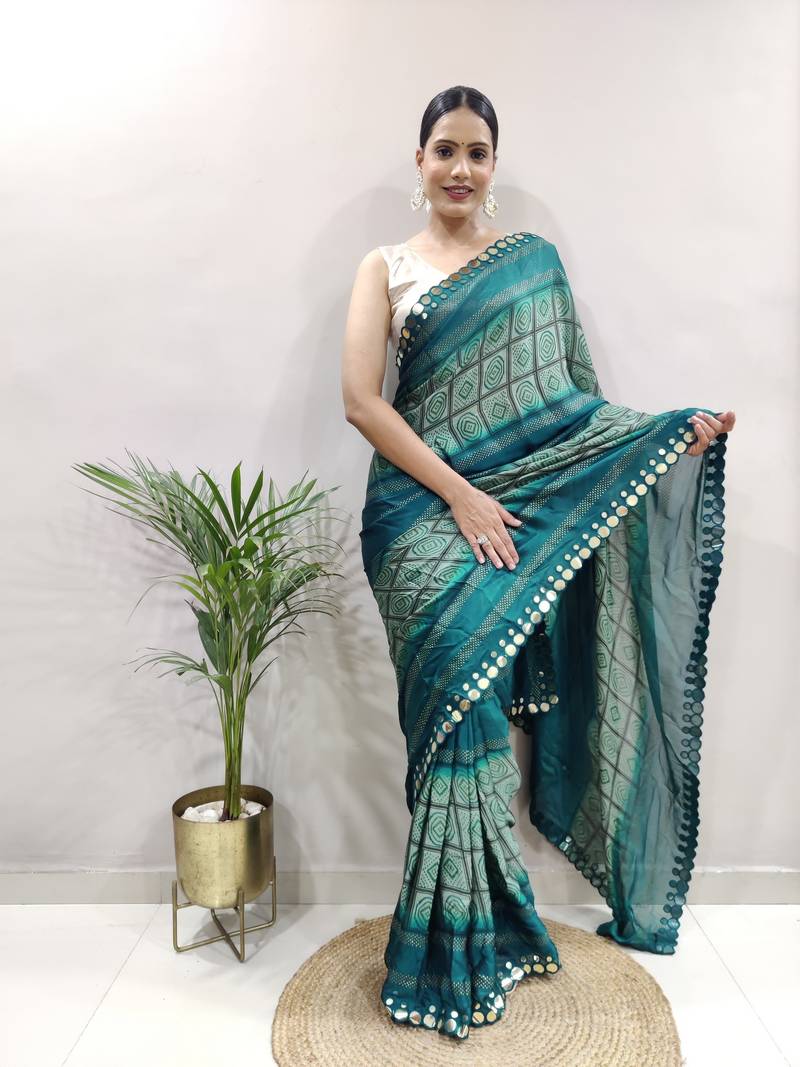 Light Blue Faux Georgette Embroidered Pre Stitched Saree