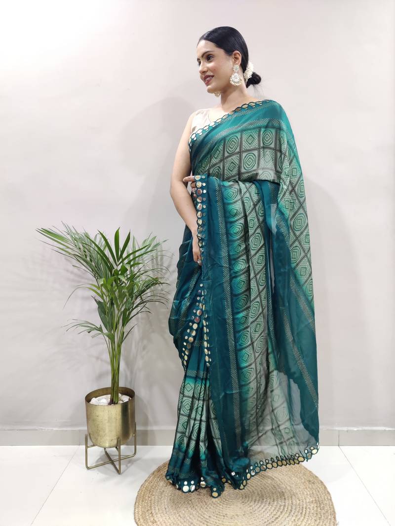 Light Blue Faux Georgette Embroidered Pre Stitched Saree