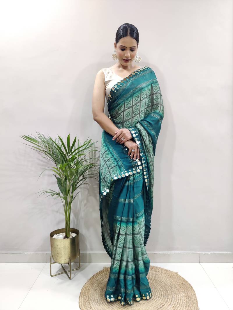 Light Blue Faux Georgette Embroidered Pre Stitched Saree