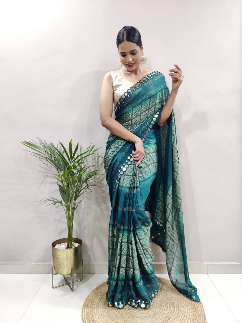 Light Blue Faux Georgette Embroidered Pre Stitched Saree
