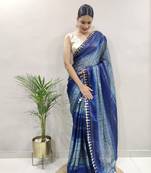 Dark Blue Faux Georgette Embroidered Pre Stitched Saree