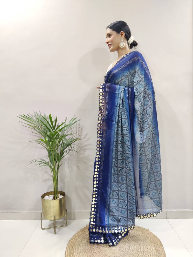 Dark Blue Faux Georgette Embroidered Pre Stitched Saree