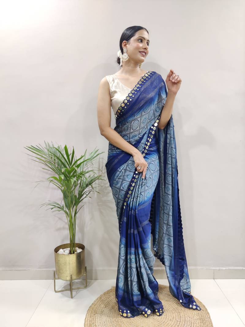 Dark Blue Faux Georgette Embroidered Pre Stitched Saree