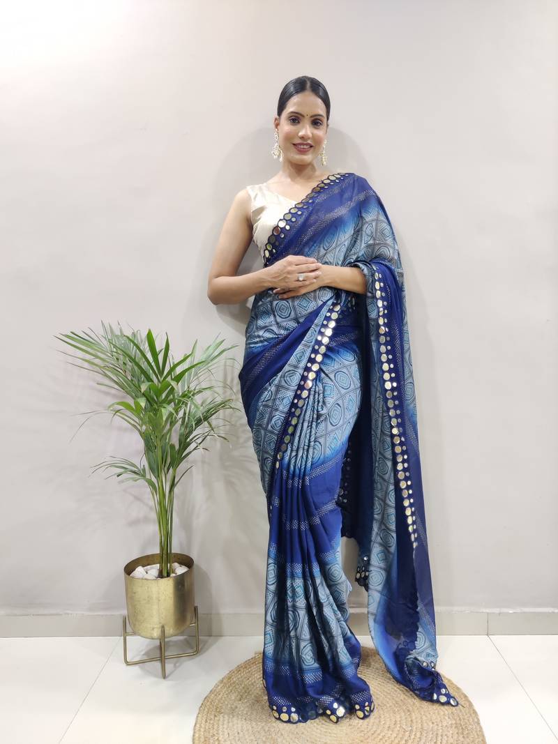 Dark Blue Faux Georgette Embroidered Pre Stitched Saree