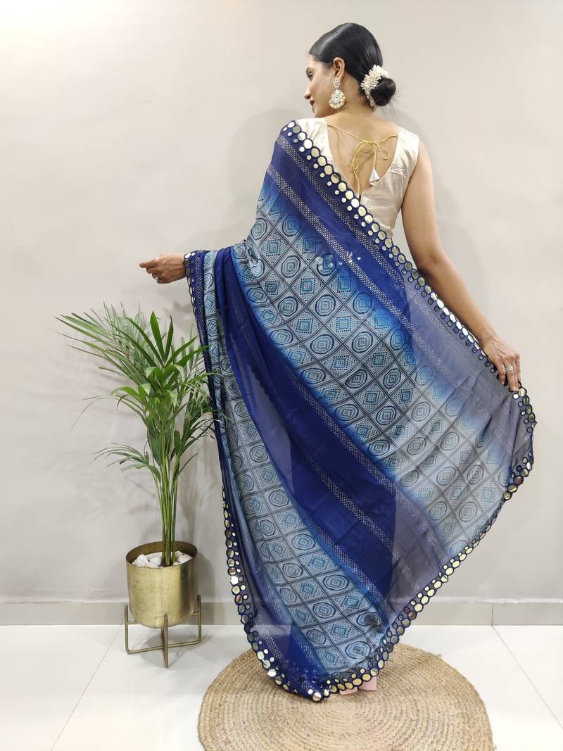 Dark Blue Faux Georgette Embroidered Pre Stitched Saree