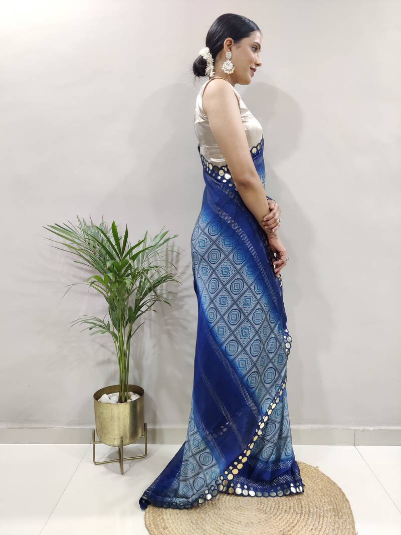 Dark Blue Faux Georgette Embroidered Pre Stitched Saree