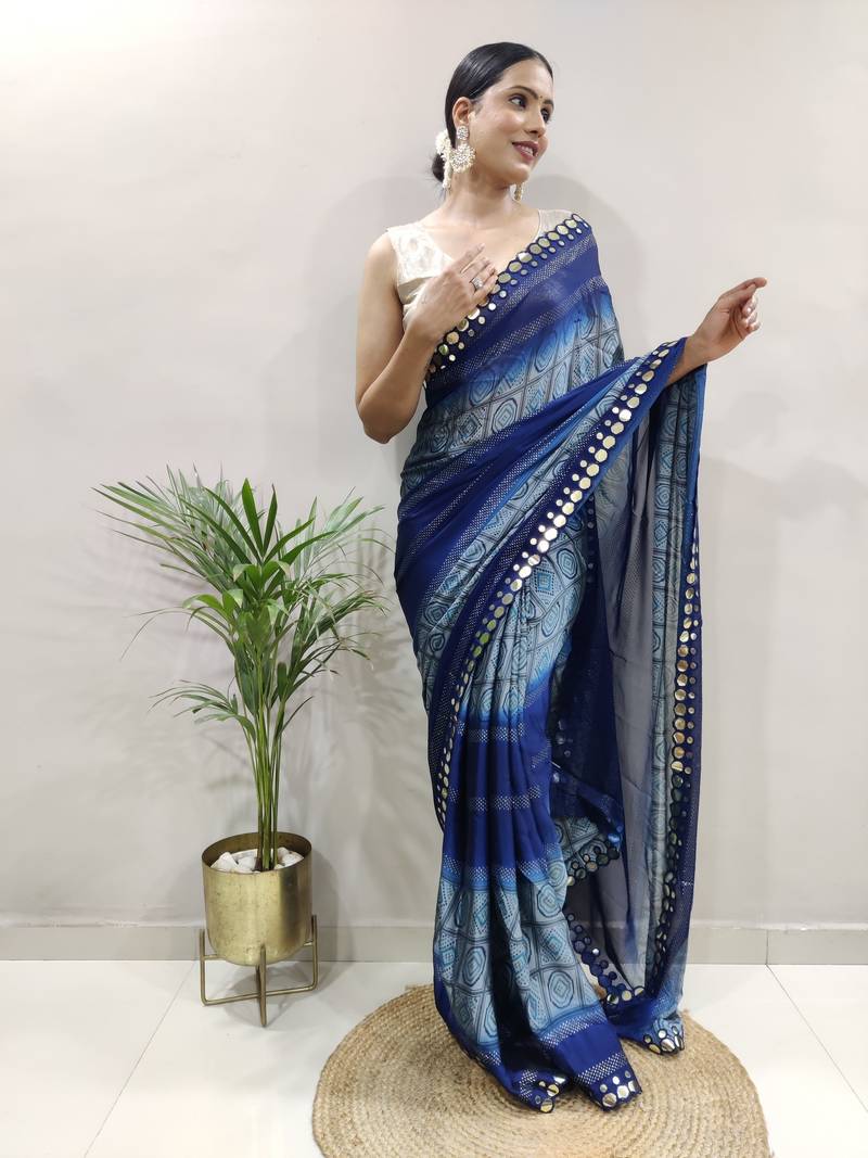 Dark Blue Faux Georgette Embroidered Pre Stitched Saree