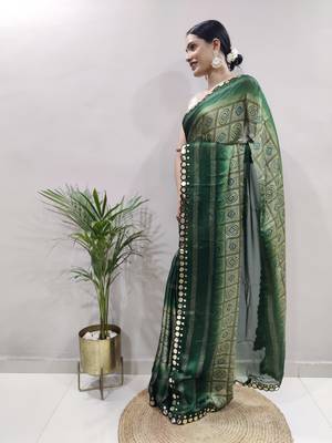 green faux georgette embroidered pre stitched saree 2