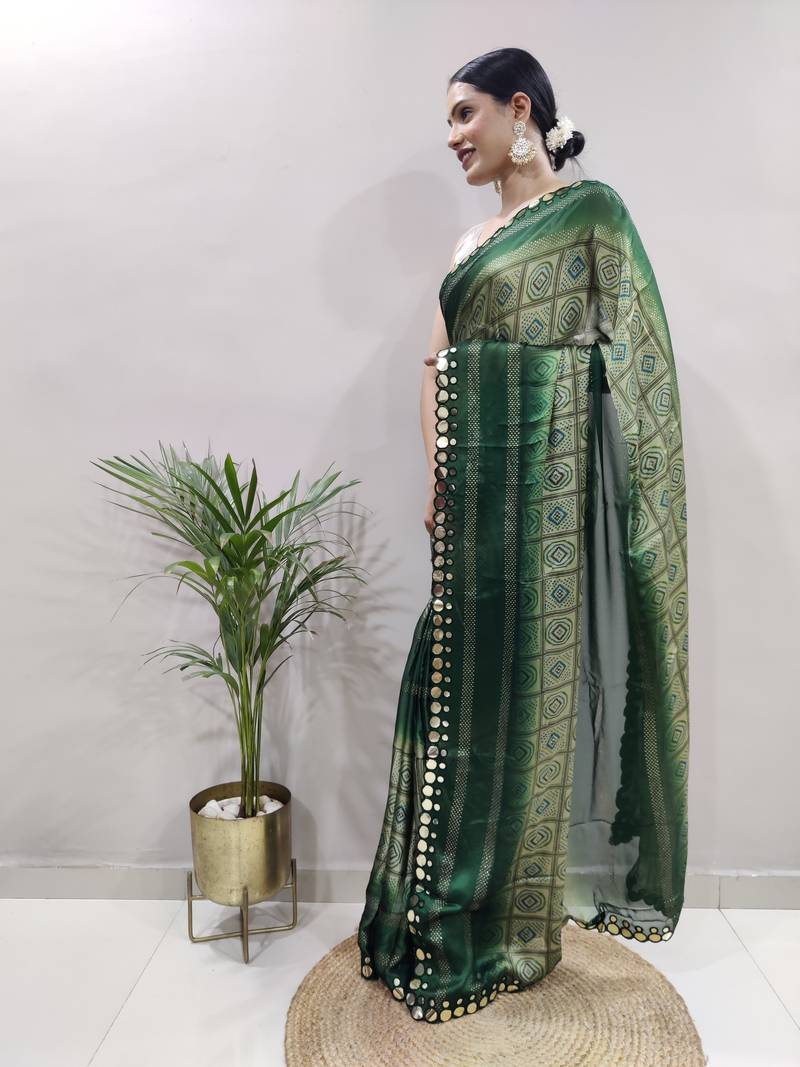 Green faux georgette embroidered pre stitched saree