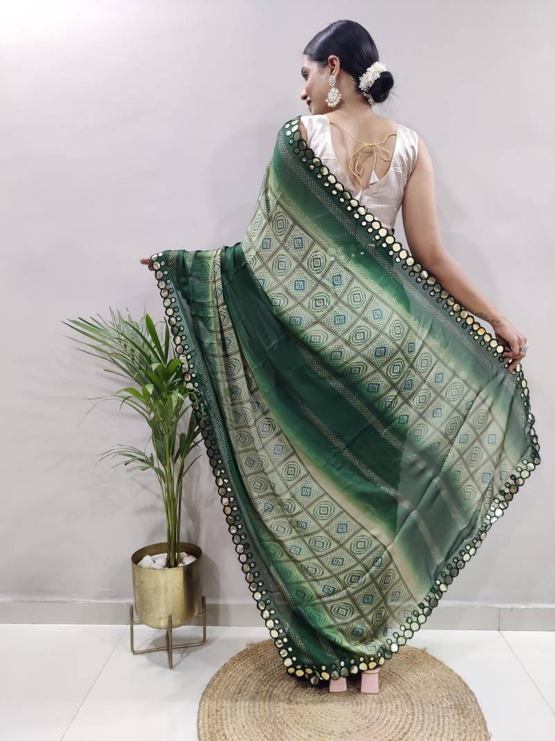 Green faux georgette embroidered pre stitched saree