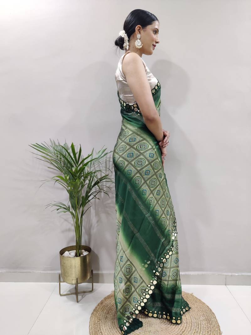Green faux georgette embroidered pre stitched saree