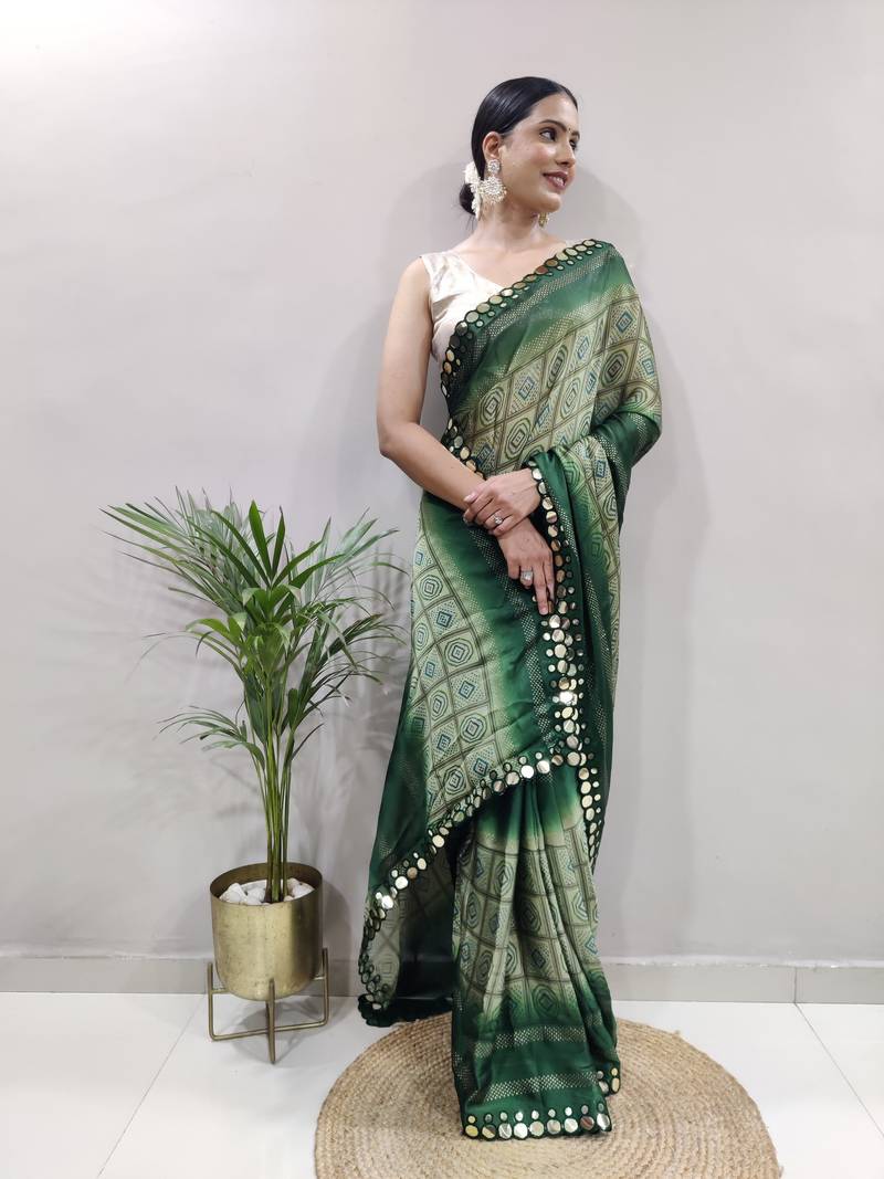 Green faux georgette embroidered pre stitched saree