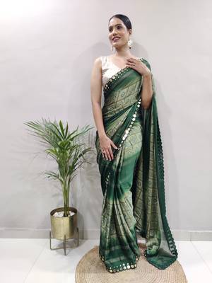 green faux georgette embroidered pre stitched saree 6
