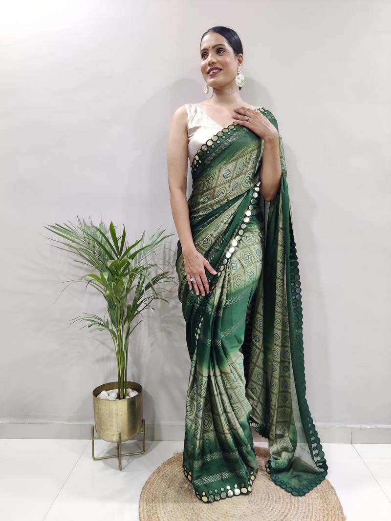 Green faux georgette embroidered pre stitched saree