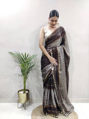 pre-stitched brown faux georgette embroidered saree 1