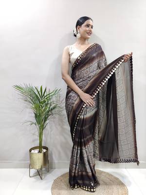 pre-stitched brown faux georgette embroidered saree 2