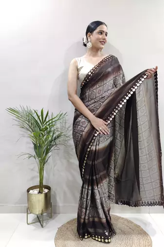 pre-stitched brown faux georgette embroidered saree