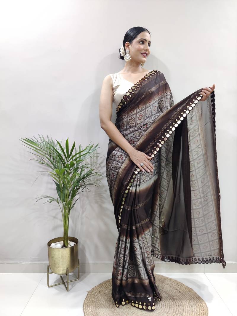 ready to wear brown faux georgette embroidered saree
