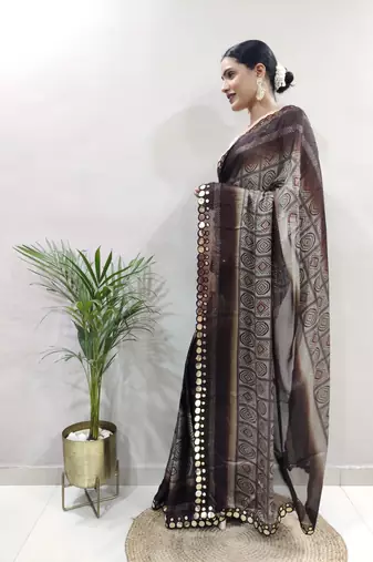 pre-stitched brown faux georgette embroidered saree