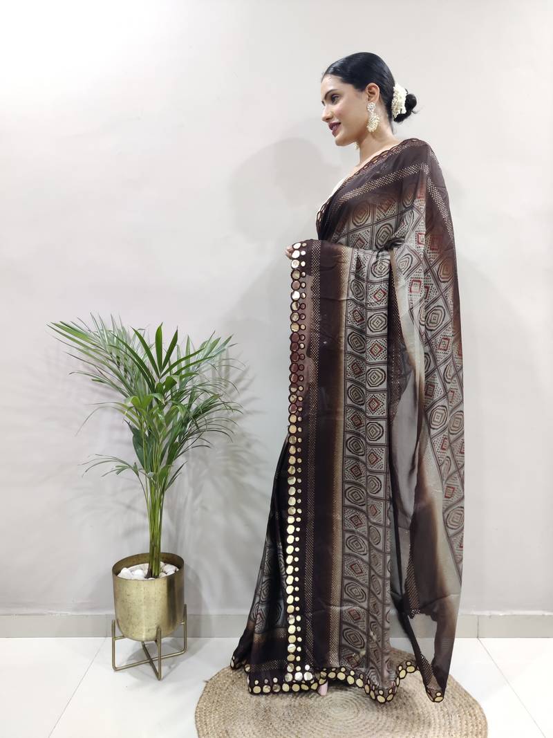 ready to wear brown faux georgette embroidered saree