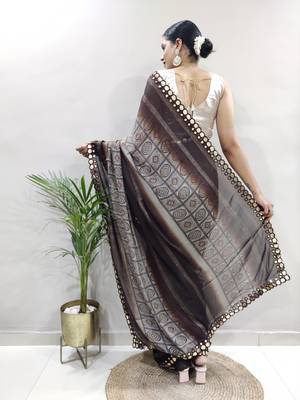 pre-stitched brown faux georgette embroidered saree 4