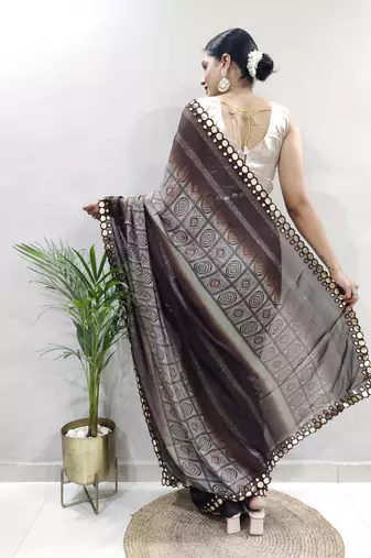 pre-stitched brown faux georgette embroidered saree