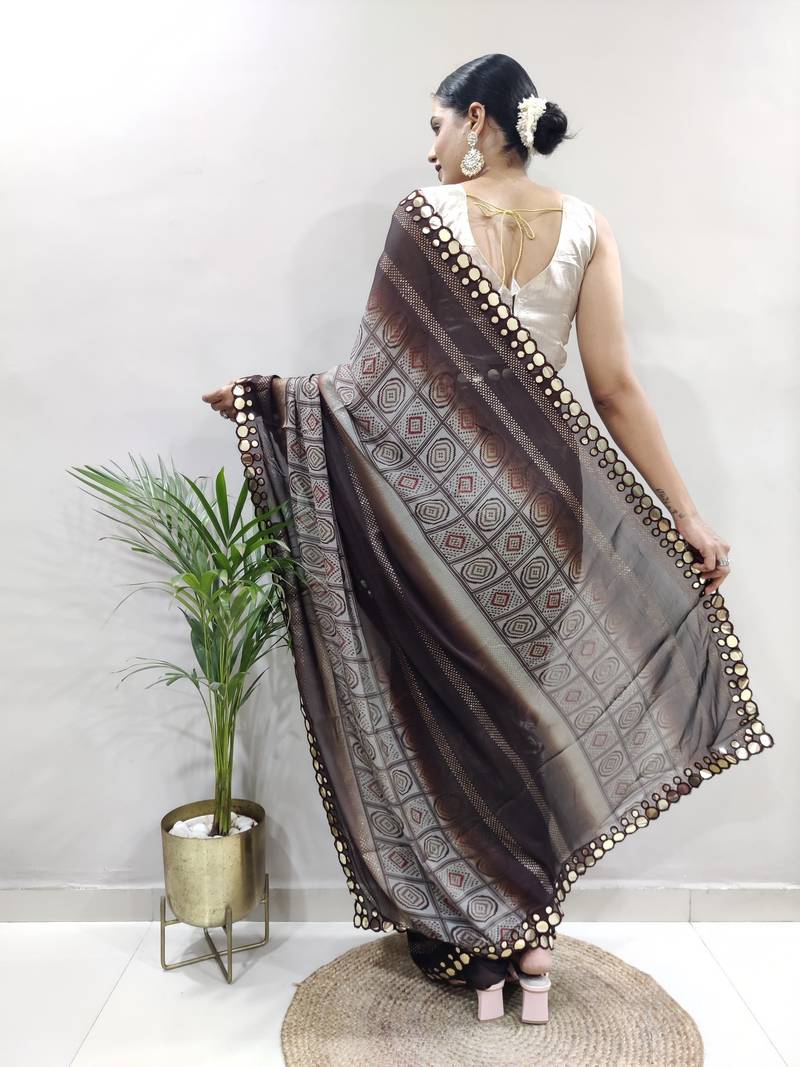 ready to wear brown faux georgette embroidered saree